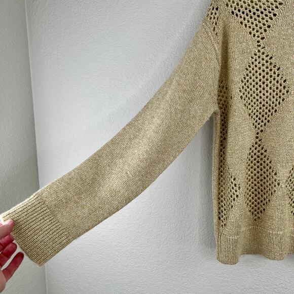 Tommy Hilfiger Tan Gold Metallic Knitted Open Stitch Argyle Sweater Small NWT - Picture 7 of 12